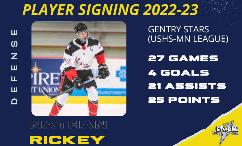 STORM ANNOUNCE SIGNING OF DEFENCEMAN NATHAN RICKEY